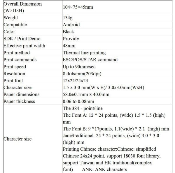 Spesifikasi Mini Thermal Printer EP5802AI